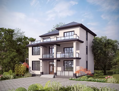 Two Story Detached Villa With Black Roof Beige Exterior Balconies Surrounded By Trees And Garden 3d model