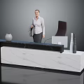 Modern Reception Desk Furniture With Marble Top Black Chair White Vase And Decorative Vases