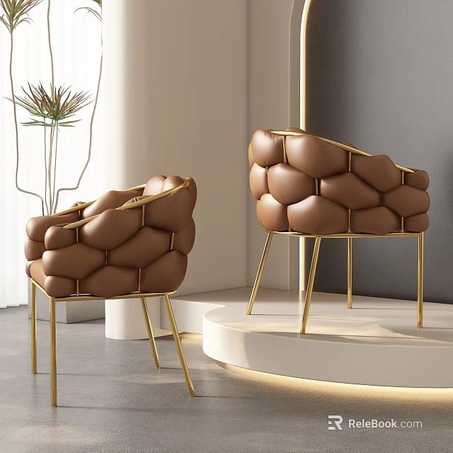 Brown Puffed Design Dining Chairs With Gold Metal Legs In Modern Minimalist Interior 3d model 