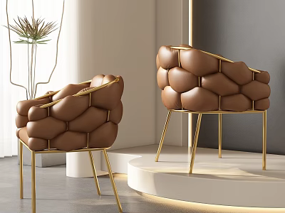Brown Puffed Design Dining Chairs With Gold Metal Legs In Modern Minimalist Interior 3d model