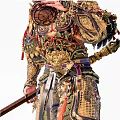 Game Movie Character Warrior Monkey In Ornate Golden Armor With Red Ribbons And Weapon