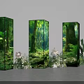 Floral Installation Featuring Three Forest Themed Display Pillars and Surrounding Flowers Green Plants