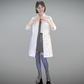 A Woman In White Coat Making Heart With Hands Gray Dress Blue Tights Gray Shoes