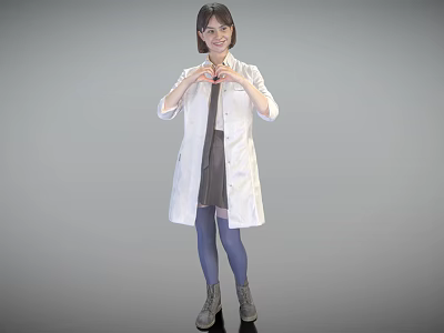 A Woman In White Coat Making Heart With Hands Gray Dress Blue Tights Gray Shoes 3d model