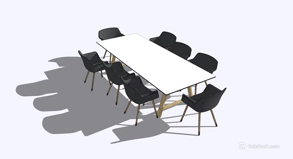 Modern Conference Table With White Tabletop Wooden Legs And Black Chairs 3d model 