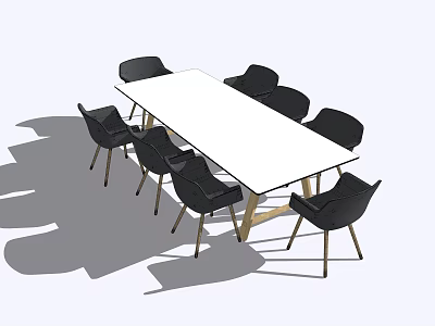 Modern Conference Table With White Tabletop Wooden Legs And Black Chairs 3d model