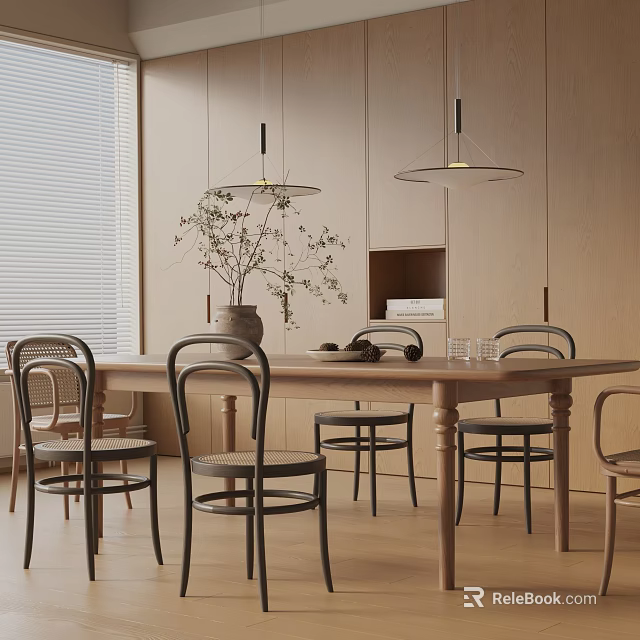 Modern Wooden Dining Table Set with Black Chairs Pendant Lights and Green Plants in Dining Room 3d model 