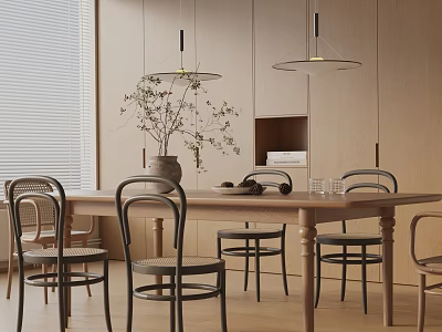 Modern Wooden Dining Table Set with Black Chairs Pendant Lights and Green Plants in Dining Room 3d model