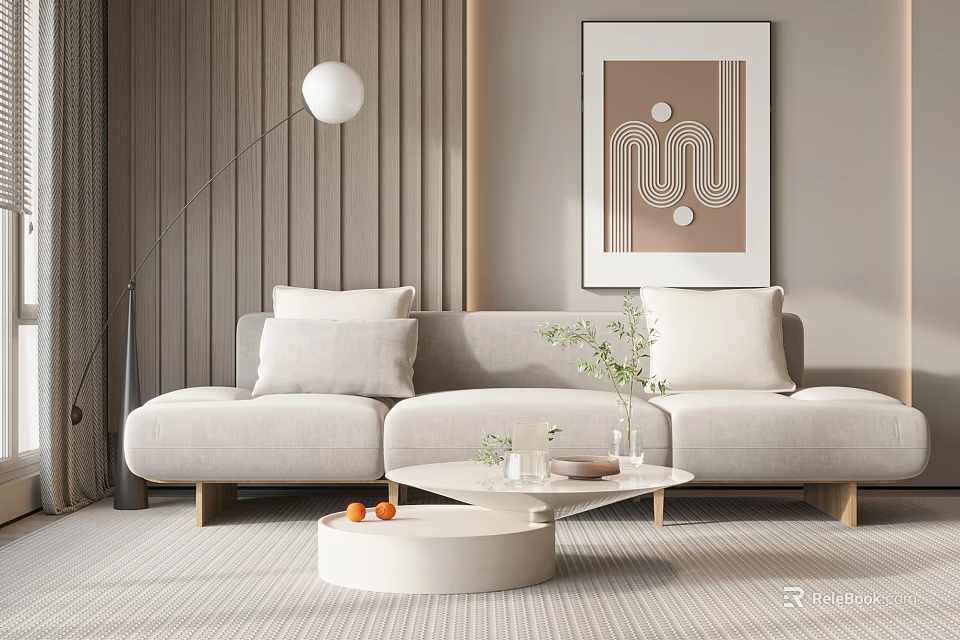 Modern Living Room Sofa and Coffee Table Set With Light Gray Cushions Round White Table Floor Lamp 3d model 