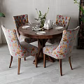 Round Wooden Dining Table Set With Four Floral Patterned Chairs Tableware And Flower Vase 3d model