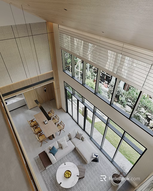Modern Duplex Living Room Interior Design With Large Windows And Greenery 3d model 