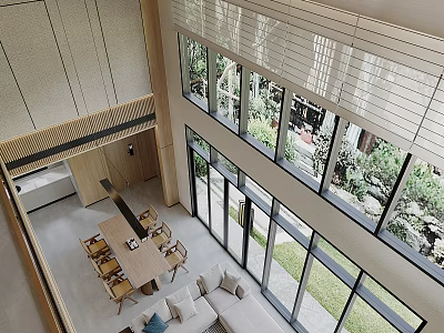 Modern Duplex Living Room Interior Design With Large Windows And Greenery 3d model