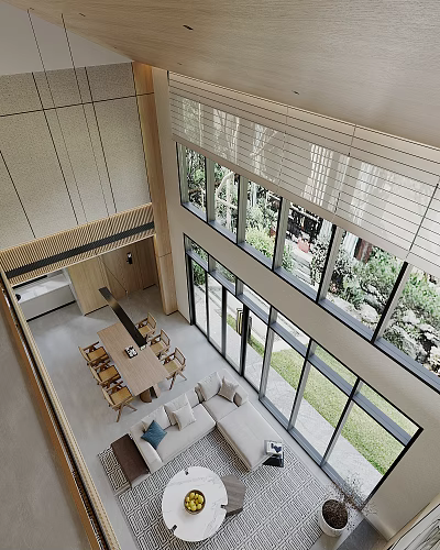 Modern Duplex Living Room Interior Design With Large Windows And Greenery 3d model