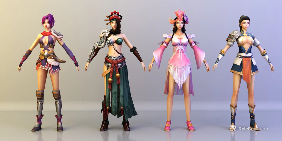 Game and Movie Female Characters With Colorful Costumes And Decorative Headpieces 3d model 