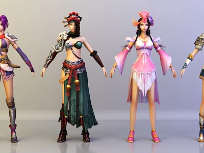 Game and Movie Female Characters With Colorful Costumes And Decorative Headpieces 3d model