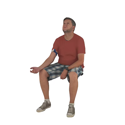 A Man Sitting Wearing Red T-Shirt Plaid Shorts Gray Sneakers With Blue Item On Arm 3d model