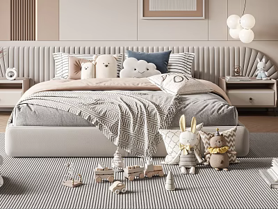 Modern Bedroom Double Bed With Grey Frame Plush Toys Striped Carpet Nightstand And Pendant Lights 3d model