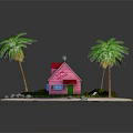 Pink House with Red Roof Surrounded by Palm Trees Sand and Love Sign