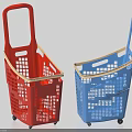 Red and Blue Plastic Shopping Baskets with Wheels Handles and Grid Design