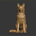 Detailed Golden Sitting Dog Statue With Textured Surface On Dark Background