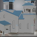 Traditional Russian Church Building With White Exterior Blue Domes Golden Crosses Bell Tower And Mural