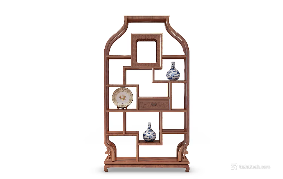 Traditional Chinese Solid Wood Display Shelf with Multiple Compartments and Decorative Vases Plate 3d model 