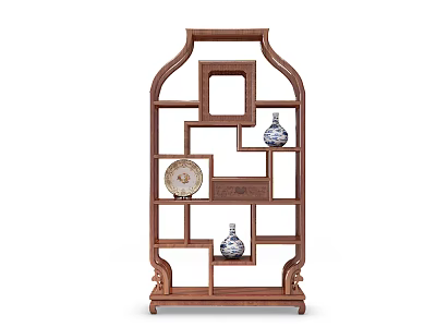 Traditional Chinese Solid Wood Display Shelf with Multiple Compartments and Decorative Vases Plate 3d model