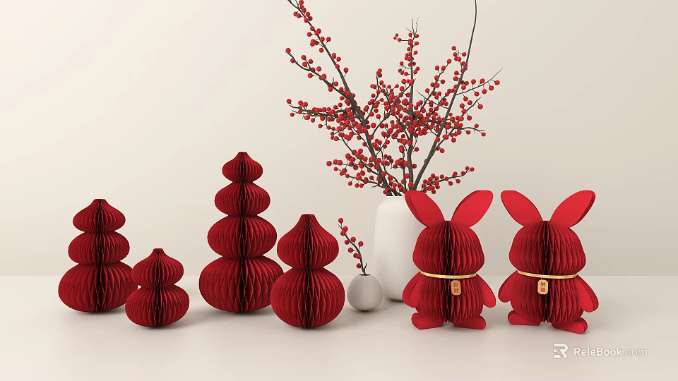 Red Decorative Ornament Set Featuring Gourd Shaped Rabbit Figurines White Vase And Red Floral Branches 3d model 