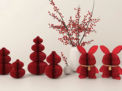 Red Decorative Ornament Set Featuring Gourd Shaped Rabbit Figurines White Vase And Red Floral Branches 3d model