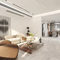 Modern Living and Dining Room Interior With Large TV Marble Accent Wall And Beige Sofa