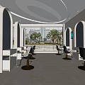 Modern Hair Salon Interior with Arches Large Windows Palm Trees View Styling Chairs White Counters