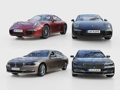 Luxury Porsche BMW Sports Cars And Sedans In Red Blue Brown Black Exterior Colors 3d model