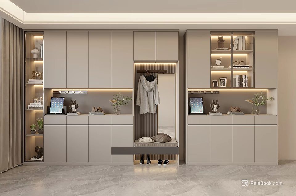 Modern Shoe Cabinet Design With Clothing Rack Bench And Display Shelves 3d model 