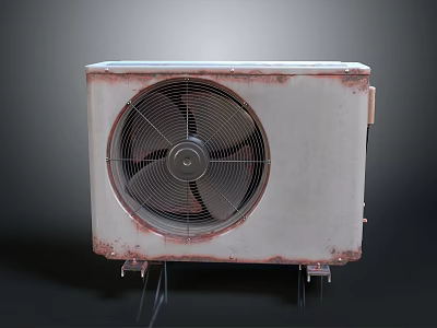 Rusty Old Air Conditioner Outdoor Unit With Metal Casing And Rotating Fan 3d model