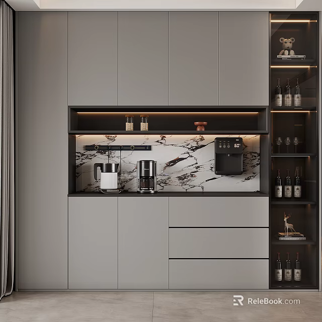 Modern Built in Wine Cabinet With Marble Countertop And Wine Racks 3d model 