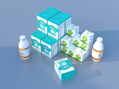 Essential Household Cleaning Supplies With Blue Green Boxes And White Bottles 3d model