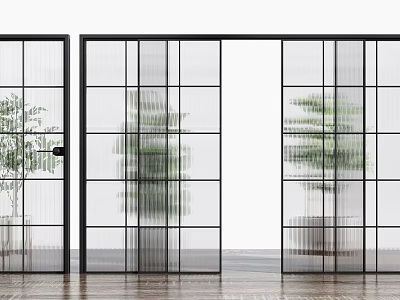 Modern Glass Sliding Doors With Black Frame Grid Design And Indoor Plants 3d model