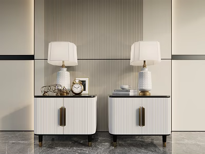 Modern White Bedside Tables With Gold Handles Table Lamps And Decorative Items On Striped Wall 3d model
