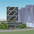 Modern High Rise Building With Geometric Facade And Greenery In Urban Area