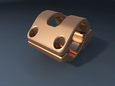 Golden Metal Mechanical Part With Multiple Holes And Structured Design On Blue Background 3d model
