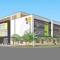 Modern Kindergarten Building With Large Glass Windows Colorful Accent Panels Outdoor Trees And Playground Area