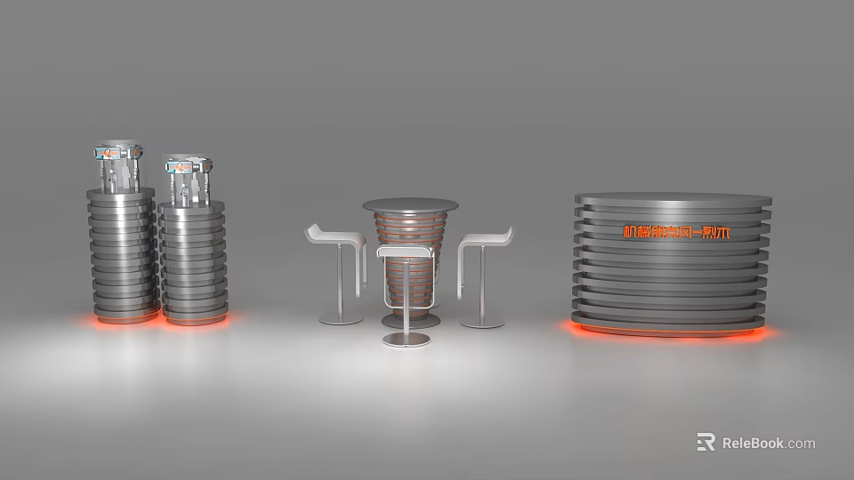 Stylish Modern Silver Bar Counter Design With Stools And Red Accent Lighting 3d model