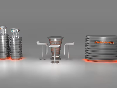 Stylish Modern Silver Bar Counter Design With Stools And Red Accent Lighting 3d model