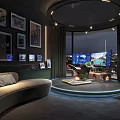 Modern Entertainment Room With Multiple Screens Racing Simulator Seat And Tech Panels