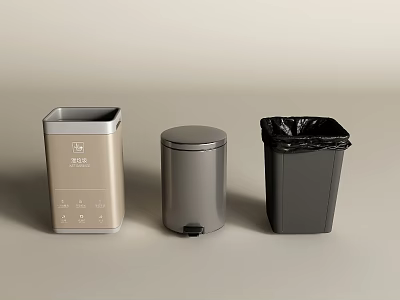 Three Various Trash Bins With Pedal Button And Garbage Bag Design For Home Use 3d model