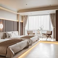 Modern Hotel Guest Room Interior With King Bed Large Window And Warm Lighting