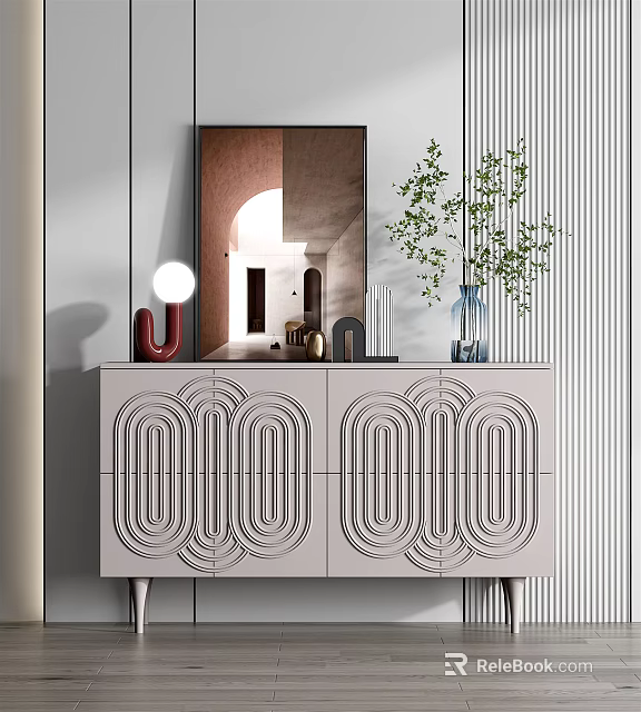 Modern Console And Side Cabinet With Intricate Line Patterns Mirror And Green Plant 3d model 
