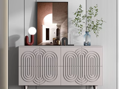 Modern Console And Side Cabinet With Intricate Line Patterns Mirror And Green Plant 3d model