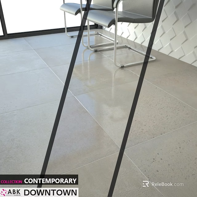 Modern Single Chair with Black Metal Legs on Light Reflective Tiled Floor and White Diamond Pattern Wall 3d model 