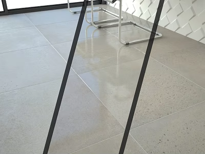 Modern Single Chair with Black Metal Legs on Light Reflective Tiled Floor and White Diamond Pattern Wall 3d model